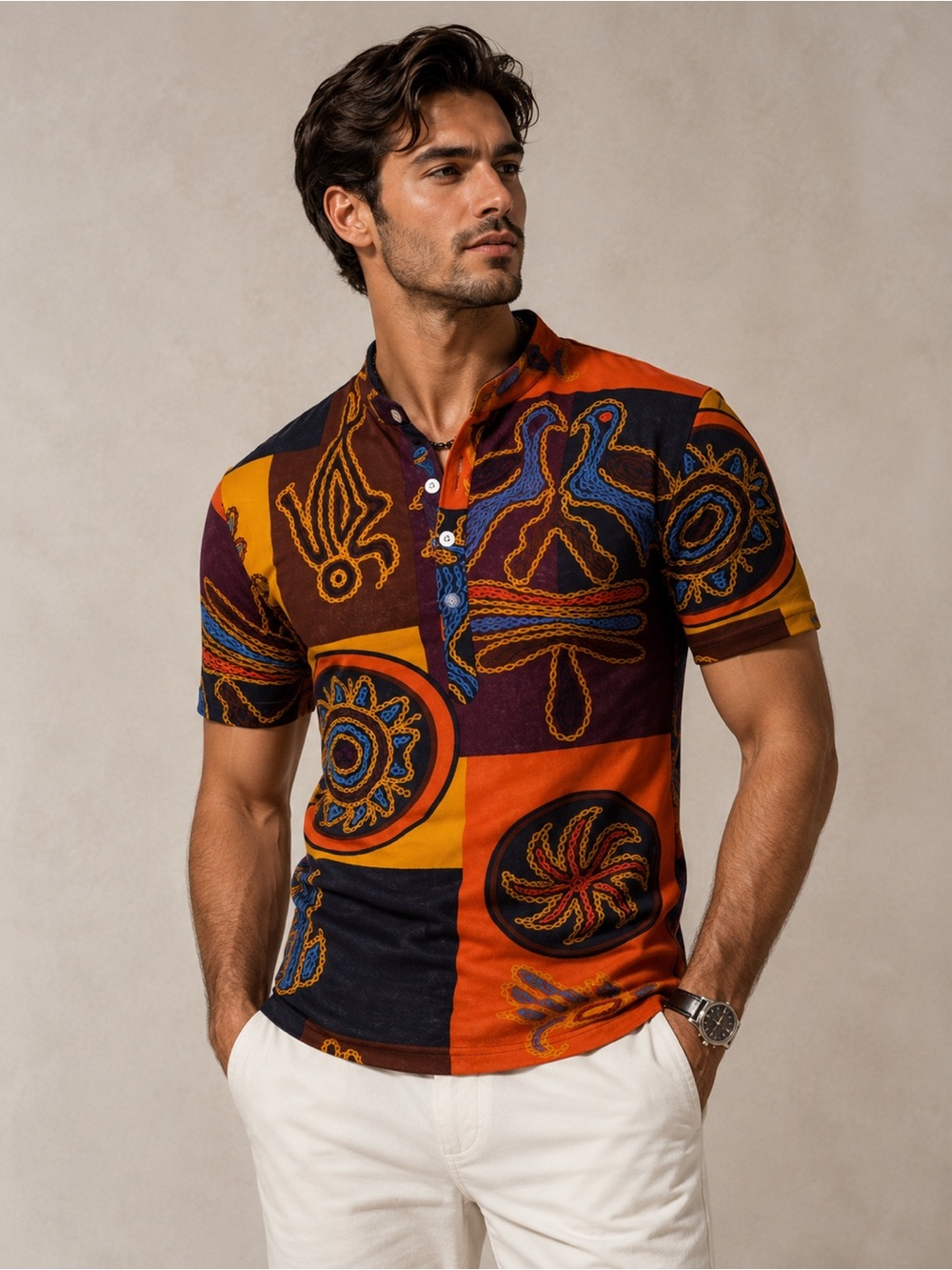 Short-Sleeve Patchwork Print Polo Shirt - Orange/Multi